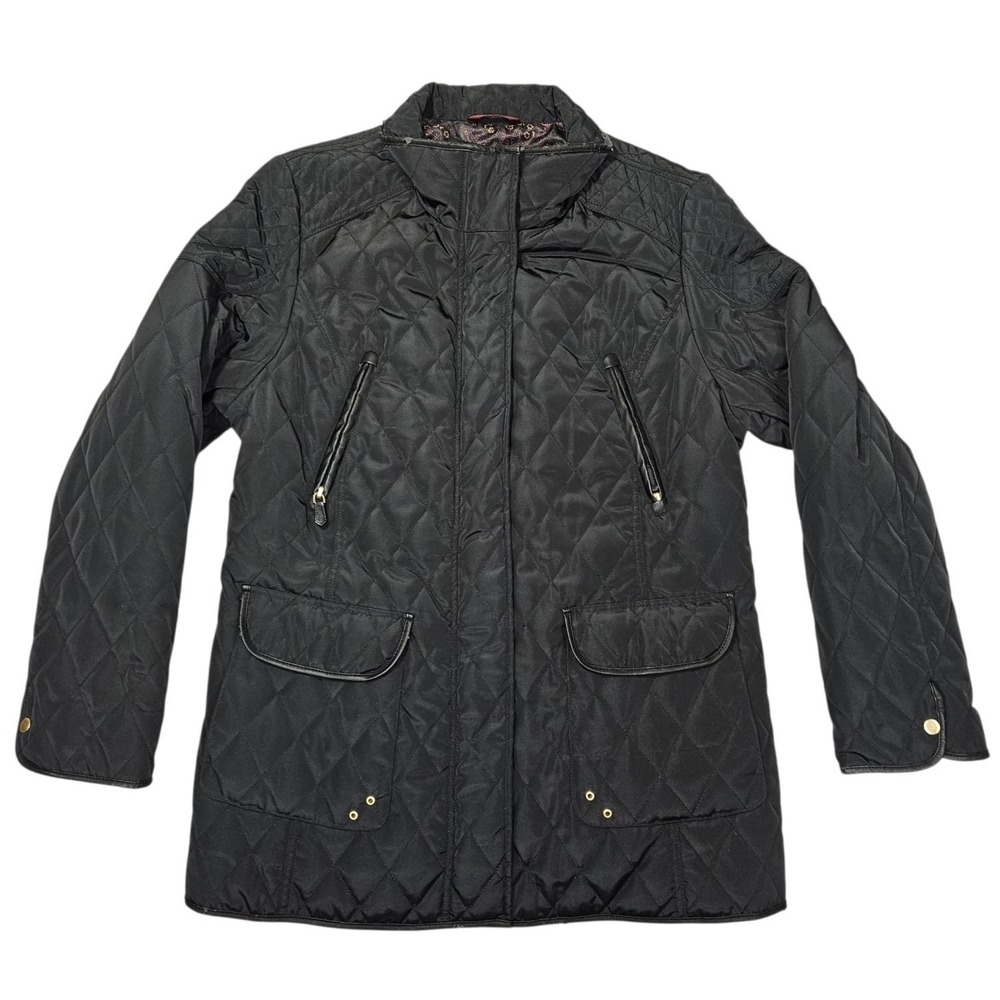 Jones New York Womens‎ XL Black Diamond Quilted Barn Jacket Coat Paisley Lining